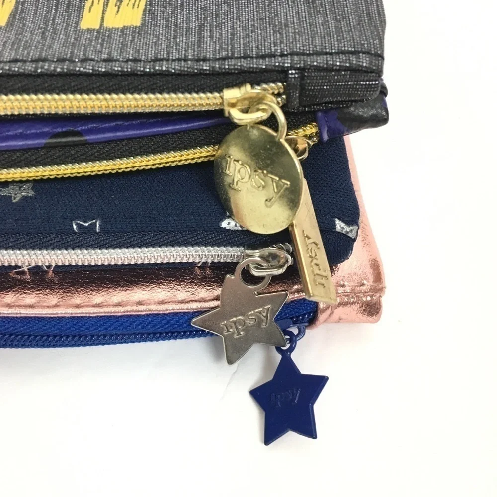 IPSY Bags Set of 4 Cosmetic Makeup Zip Pouches Rose Gold Stars Astrology Hearts